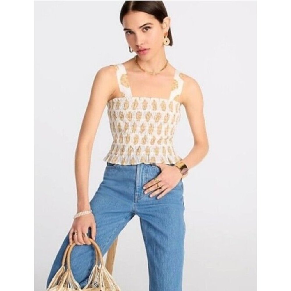 Women's J. Crew Floral Print White Yellow Smocked Cropped Blouse Medium